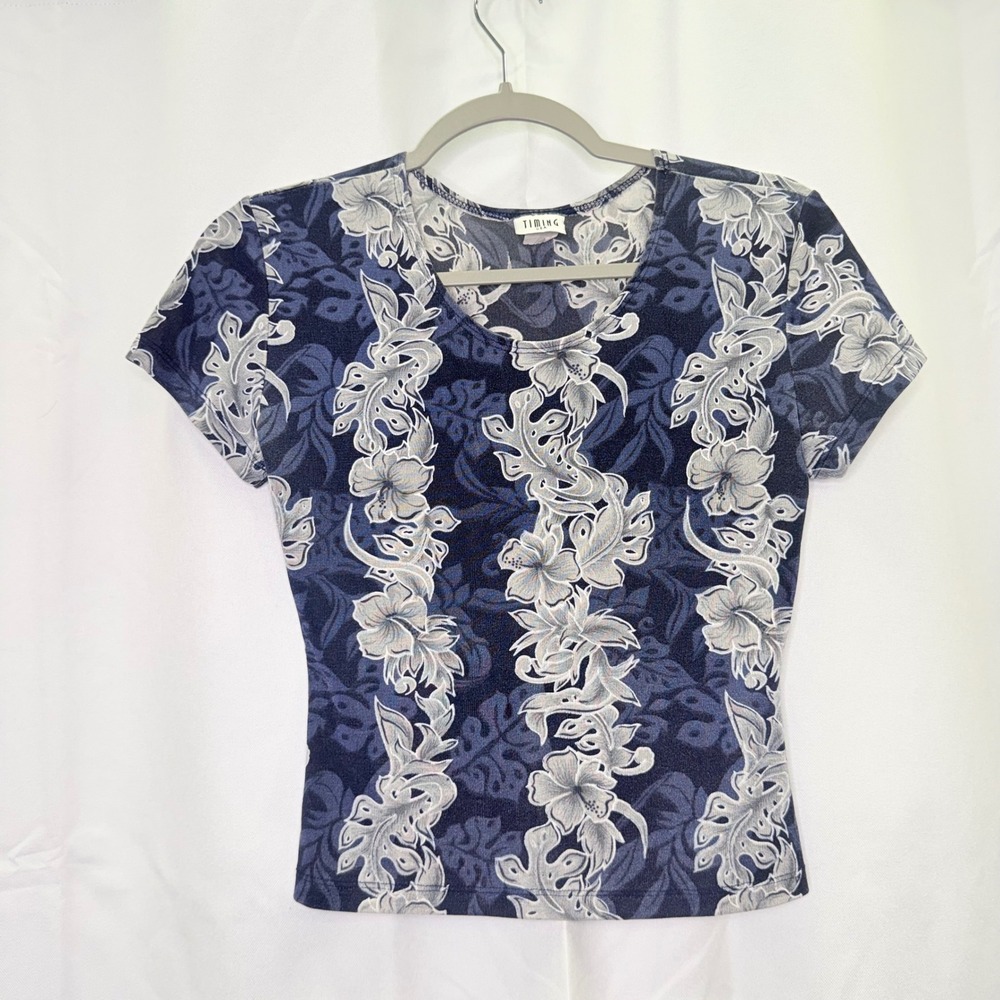 Vintage Timing USA Women Navy Blue Tropical Hibiscus Floral Print Top Small
